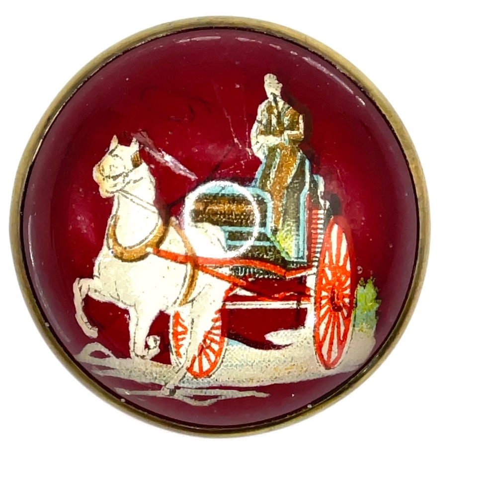 Antique Horse Bridle Rosette Pin Brooch Domed Glass Horse & Carriage READ